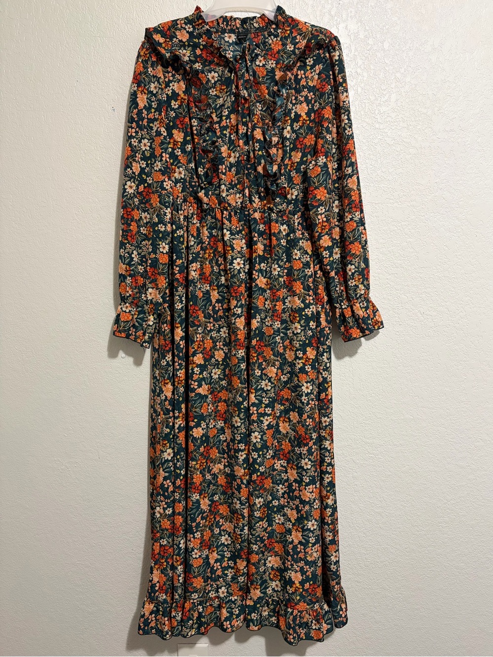 SHEIN Dark Green Floral Ruffle Long Sleeve Maxi Dress